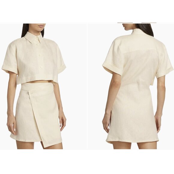 HEVRON Women Melanie Linen Cut-Out Mini Dress XS Ivory Short Sleeve Asymmetrical - Picture 2 of 13